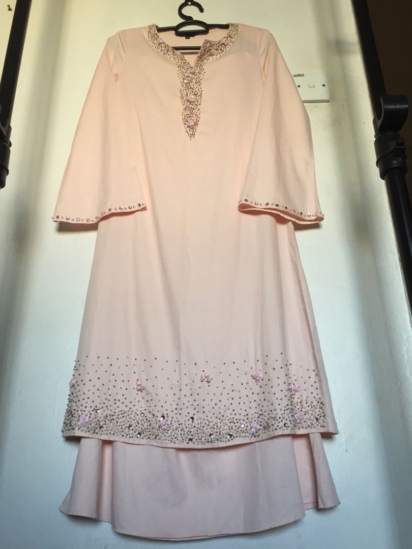 Baju Kurung Pahang Cotton Soft Pink Jahit Manik Tangan Size S Muslimah Fashion Two Piece On Carousell