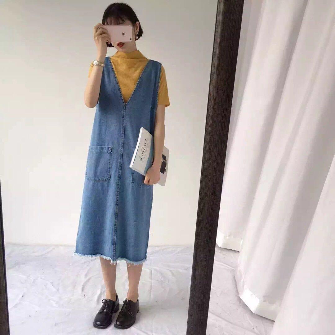 v neck denim pinafore dress