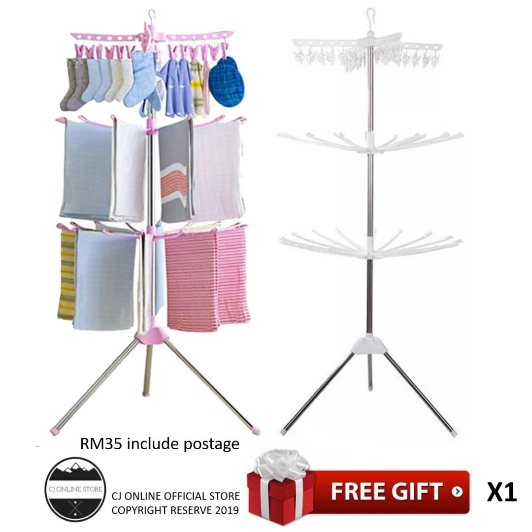 3 Tier Foldable Cloth Drying Rack And Hanger Ampaian Baju 1 X Free