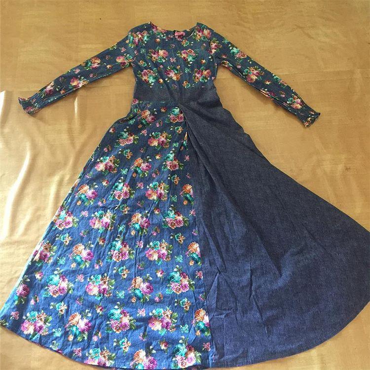 Gamis Long Dress Katun Motif Bunga Mix Polos Navy Mauthr Fesyen Wanita Muslim Fashion Gaun Di Carousell