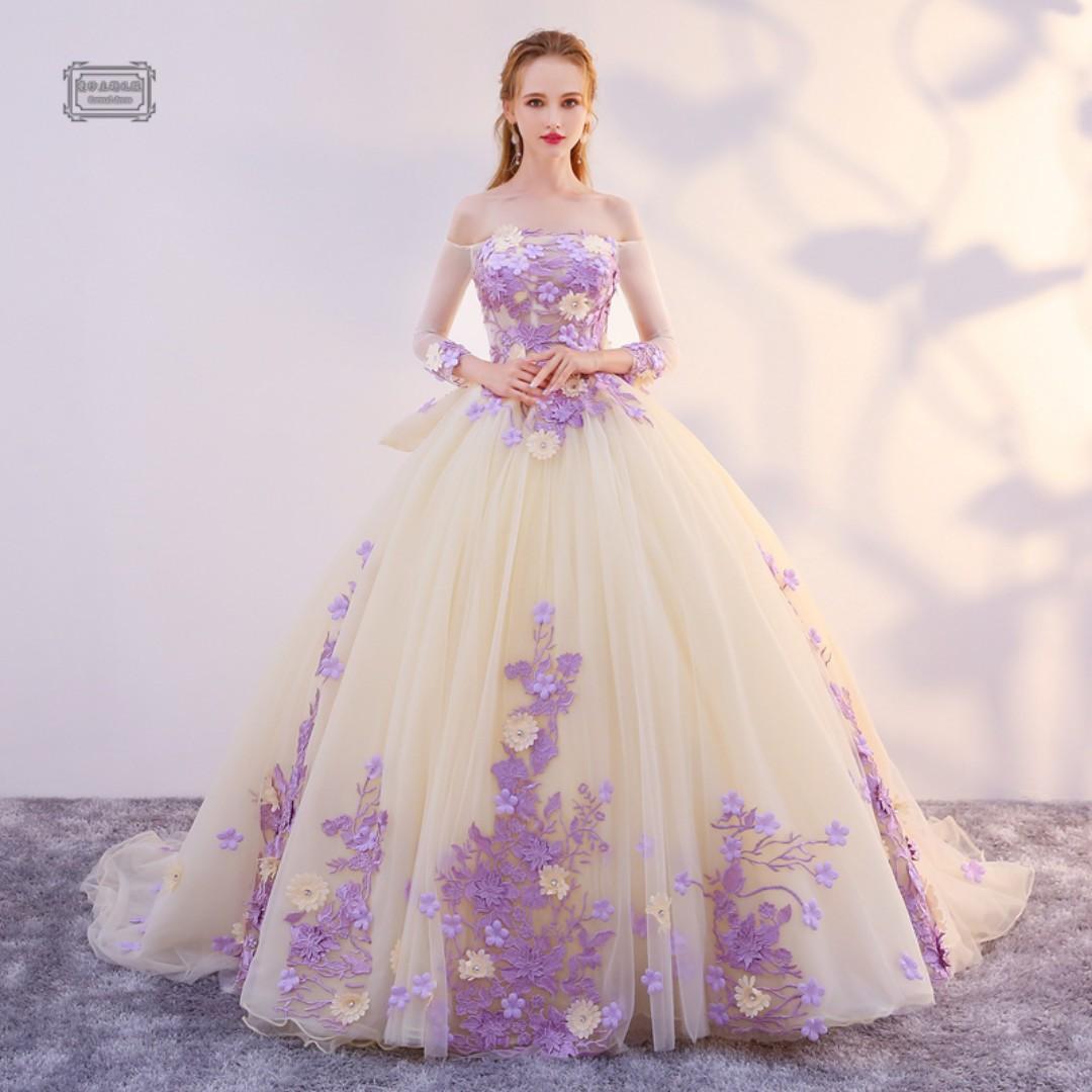 purple and cream dress