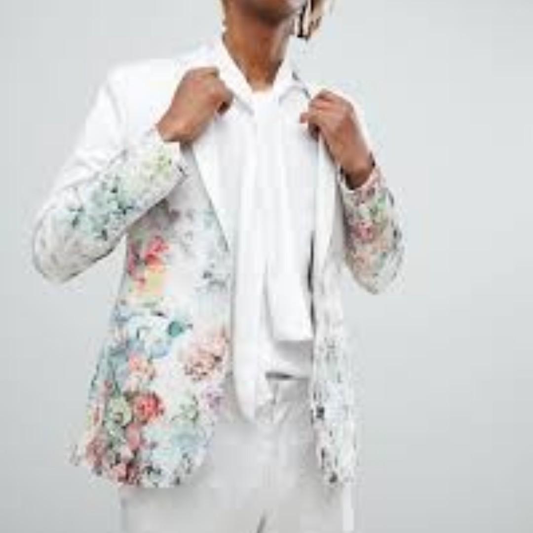 Skinny Suit Jacket Trousers in Floral Printed White Jacquard