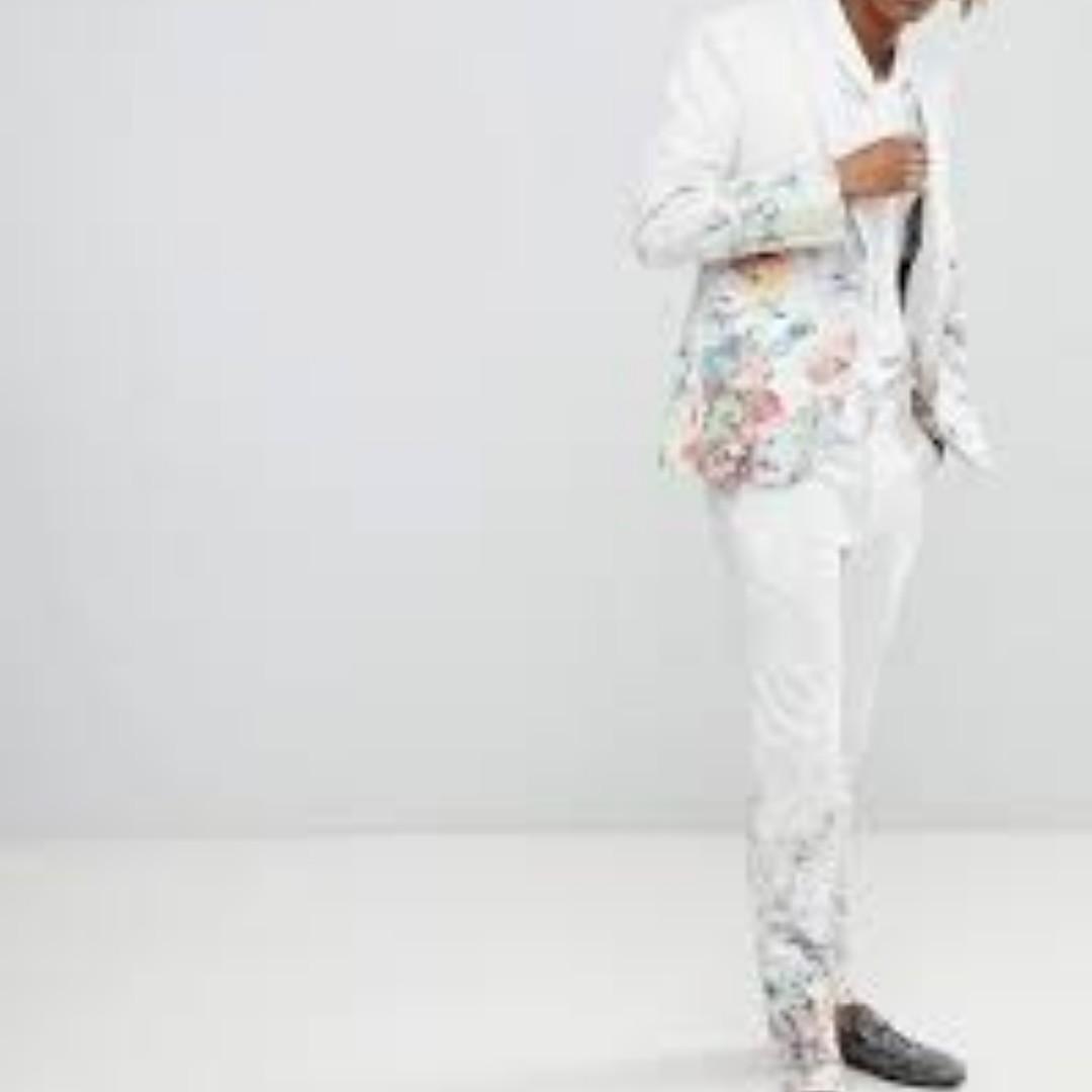 Skinny Suit Jacket Trousers in Floral Printed White Jacquard