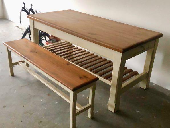 Farmhouse Rustic Solid Wood Dining Table 6 Seater Bench