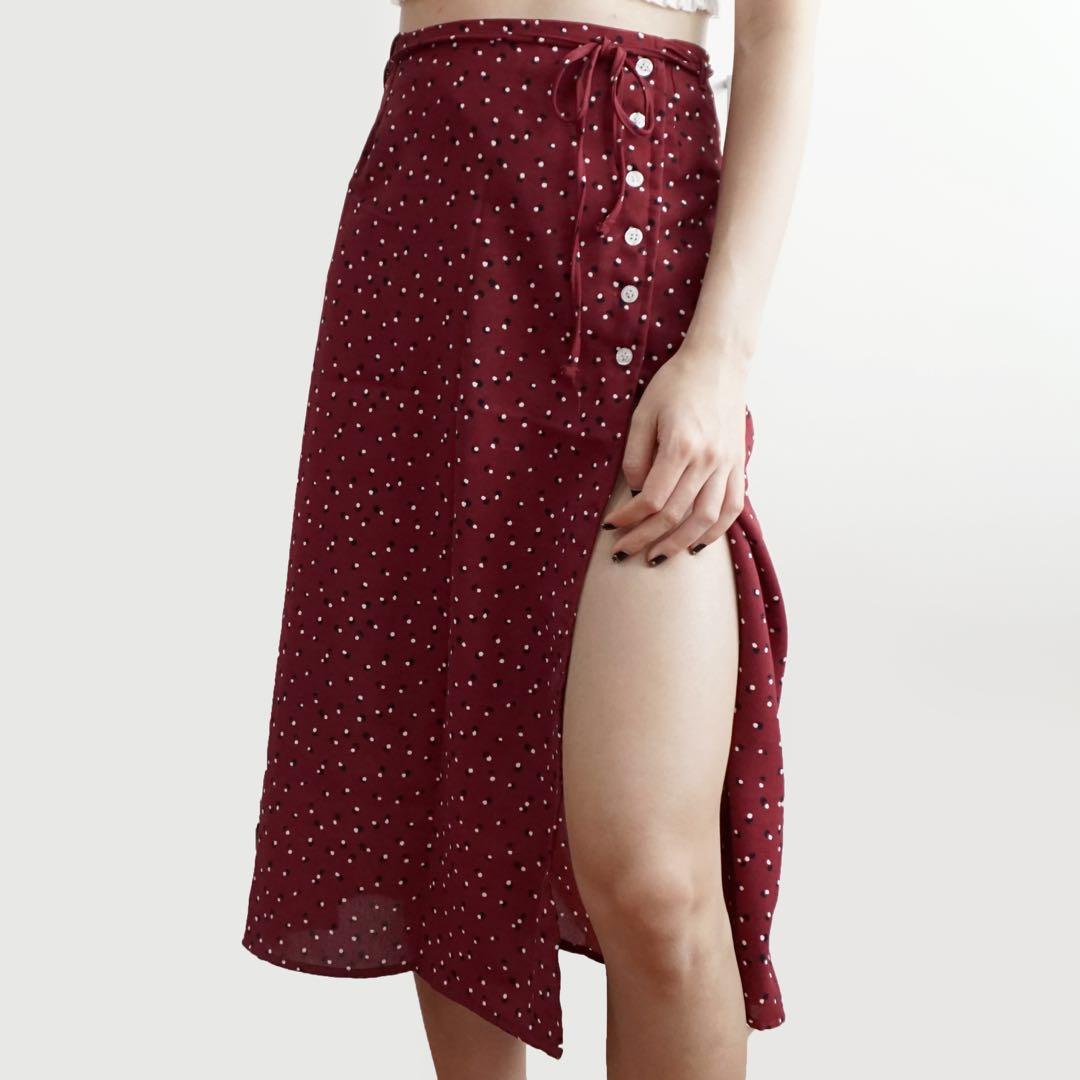 Maroon polka dot wrap button up midi skirt with side slit, Women's Fashion,  Clothes, Dresses & Skirts on Carousell