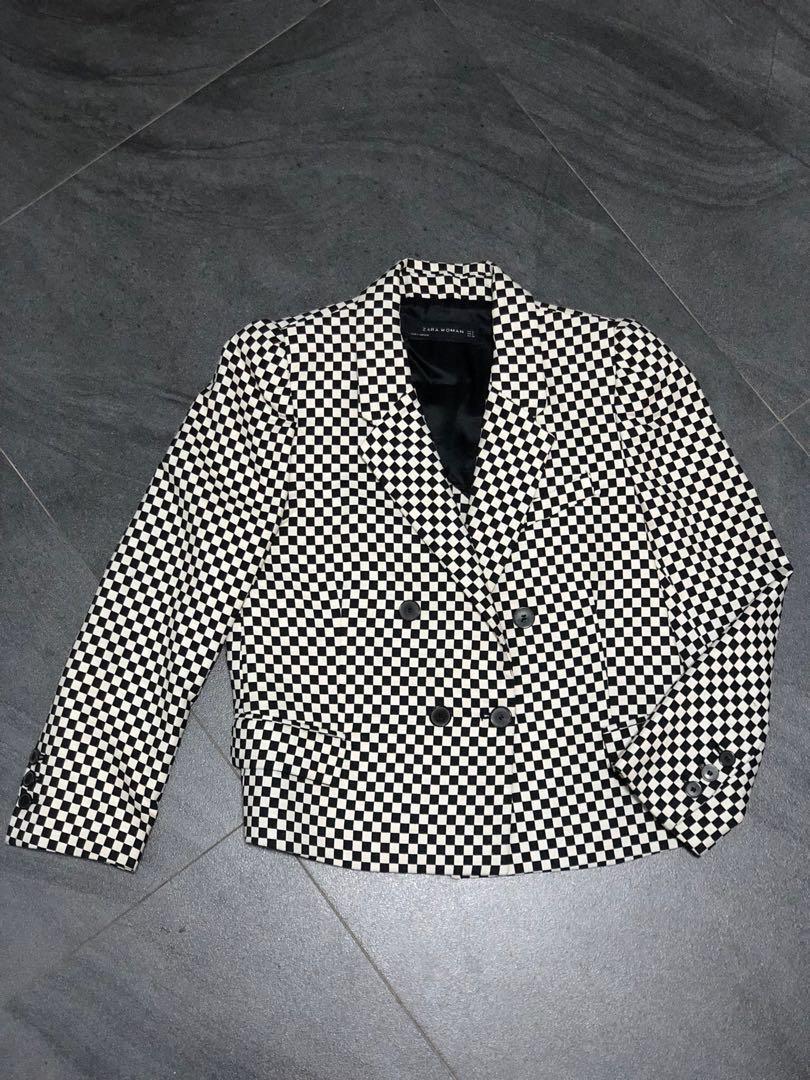 Black \u0026 White Checkered Short Blazer 
