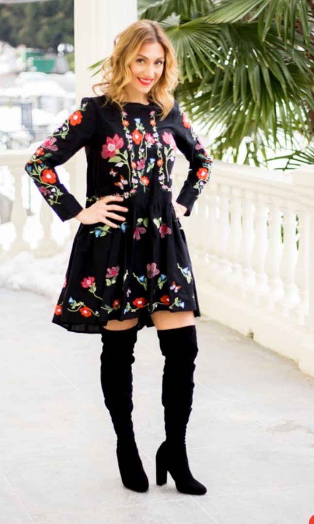 ZARA Black Floral Embroidered Dress, Women's Fashion, Tops 
