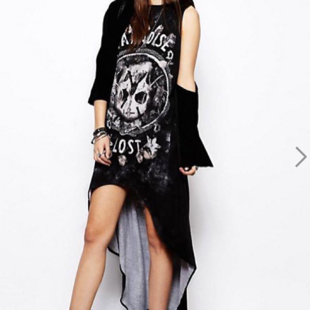 38 Religion Hi Low Hem Dress With Skull Print Washed Black XS