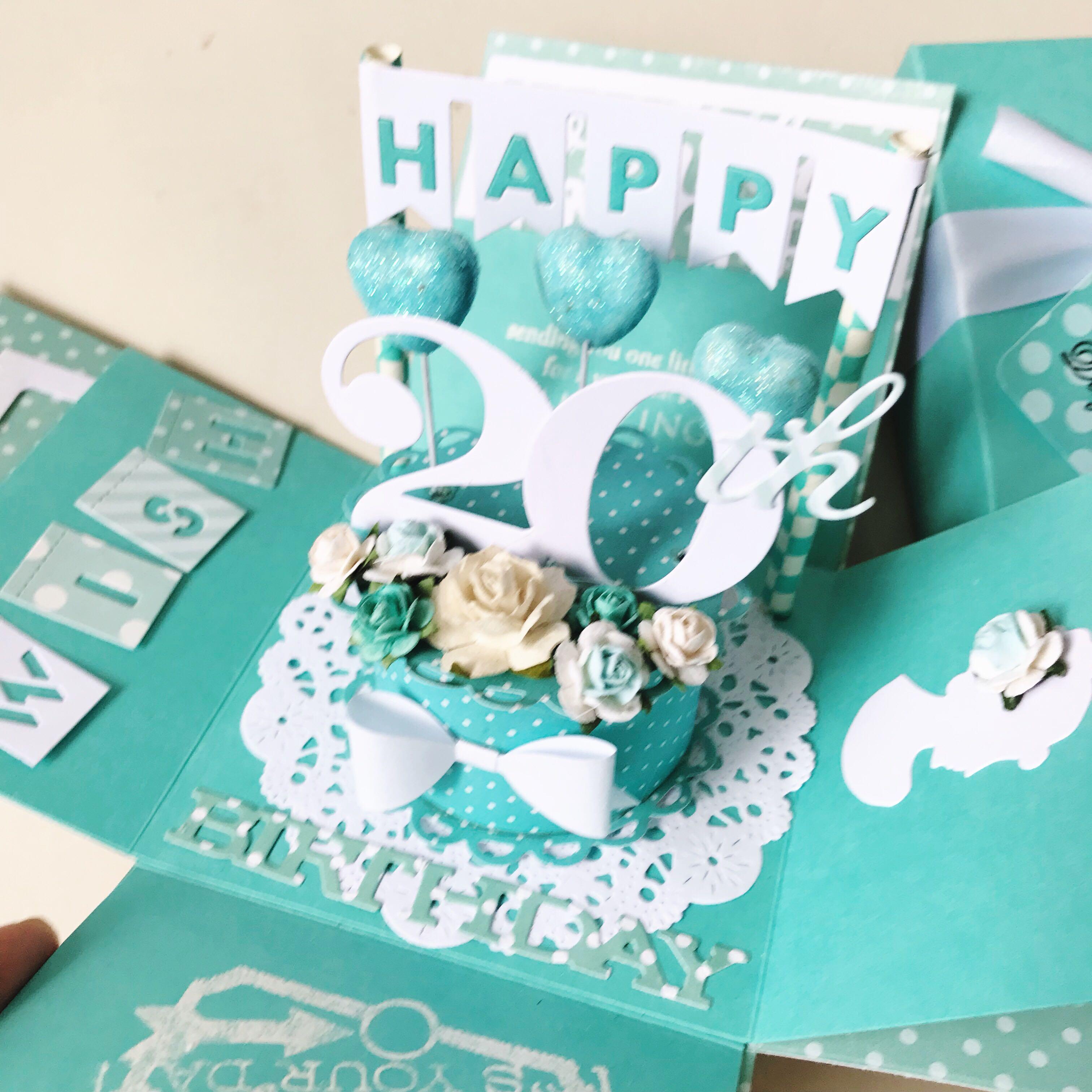 Happy 20 Birthday Explosion Box Card With Cake Decoration Design