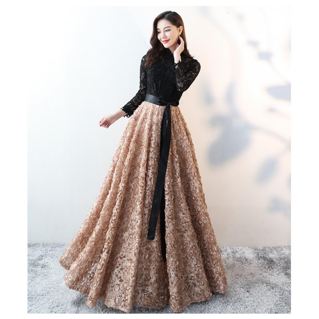 Pre Order Black Gold Long Sleeve Wedding Bridal Evening Prom Dress Gown  Rbmwd0281, Women'S Fashion, Dresses & Sets, Evening Dresses & Gowns On  Carousell