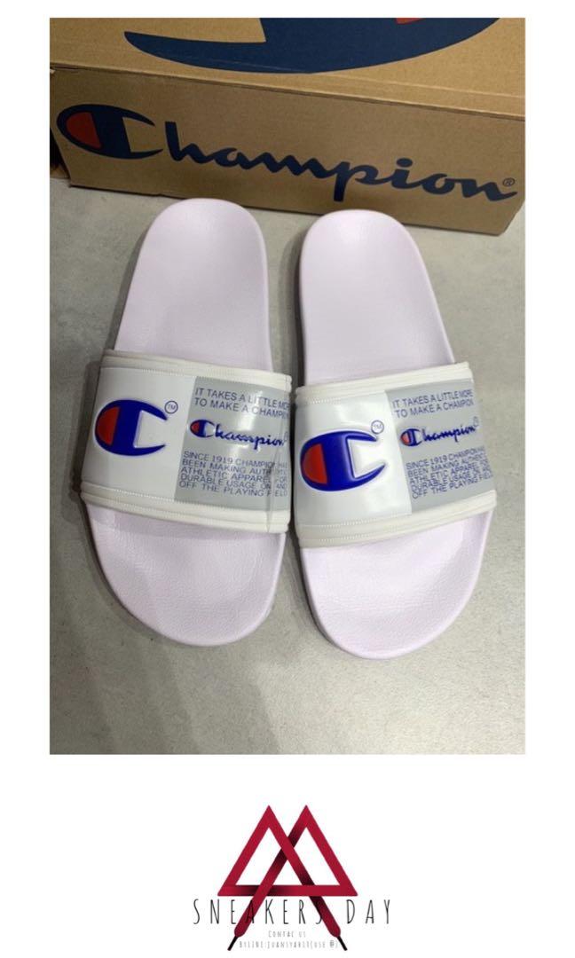 red and white champion slides