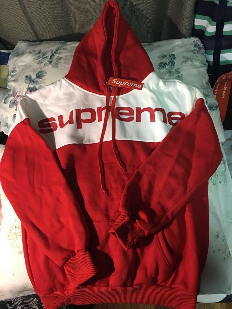 Supreme Red and White Hoodie Jacket - Unisex, Men's Fashion, Coats, Jackets and on Carousell