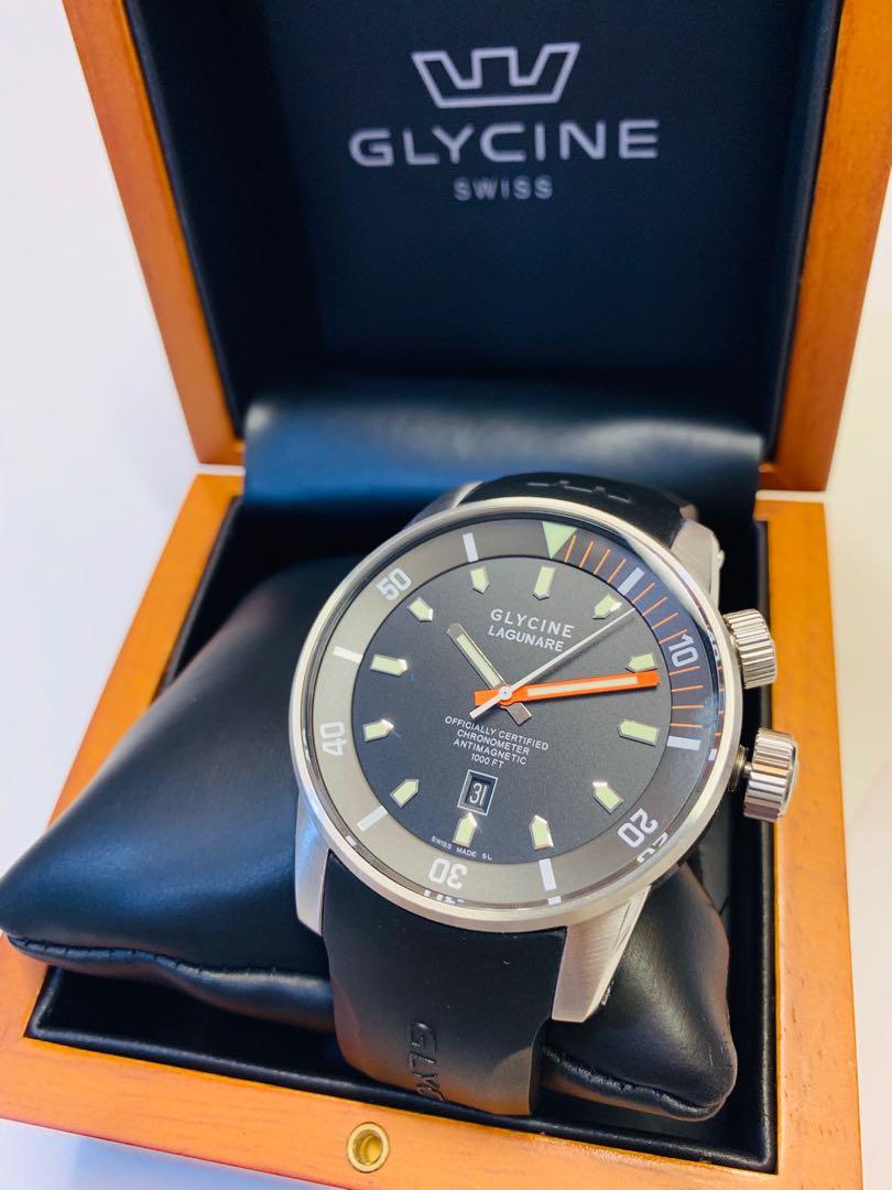 Glycine lagunare Limited Edition (Category: Wearables & Smart Watches) located in Singapore. Submitted by monday_friday (Listing ID 231912117, Image 1). Description: Glycine Lagunare Chronometer L.E. - Ref. 3859 Movement - ETA 2824-2 certified chronometer COSC Functions: hours, minutes and seconds, date display in window Size: 11 1/2" Jewels: 25 Power Reserve: 38 hours Hz: 4/28'800 vibrations per hour Finish: rhodium coated oscillating weight on 