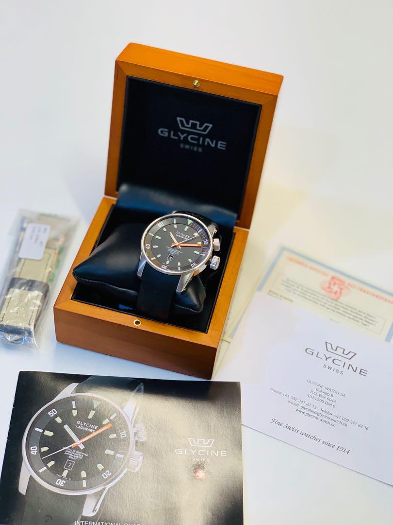 Glycine lagunare Limited Edition (Category: Wearables & Smart Watches) located in Singapore. Submitted by monday_friday (Listing ID 231912117, Image 3). Description: Glycine Lagunare Chronometer L.E. - Ref. 3859 Movement - ETA 2824-2 certified chronometer COSC Functions: hours, minutes and seconds, date display in window Size: 11 1/2" Jewels: 25 Power Reserve: 38 hours Hz: 4/28'800 vibrations per hour Finish: rhodium coated oscillating weight on 