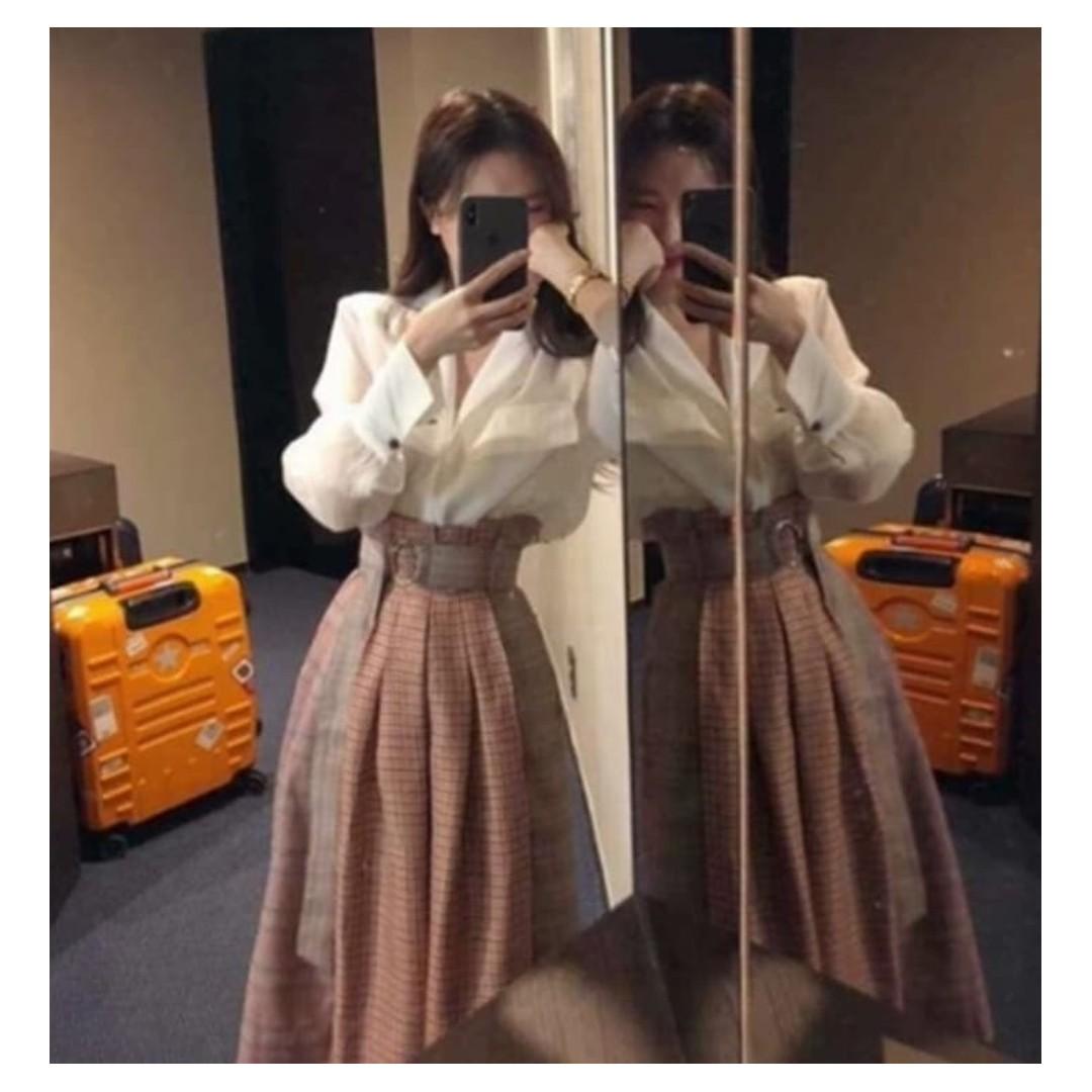 Korea Women Long Skirt Casual Lattice Print With Belt And Long