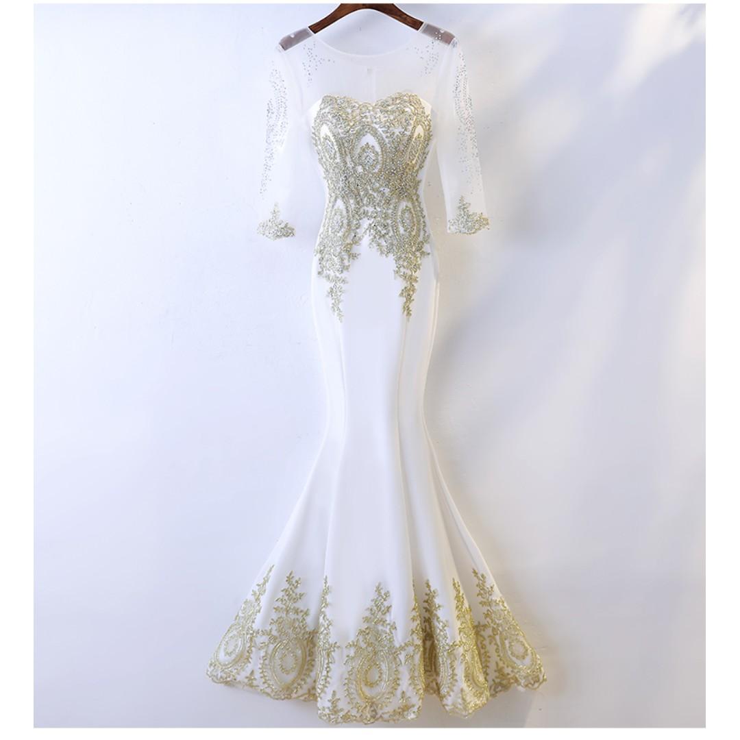 white and gold mermaid dress