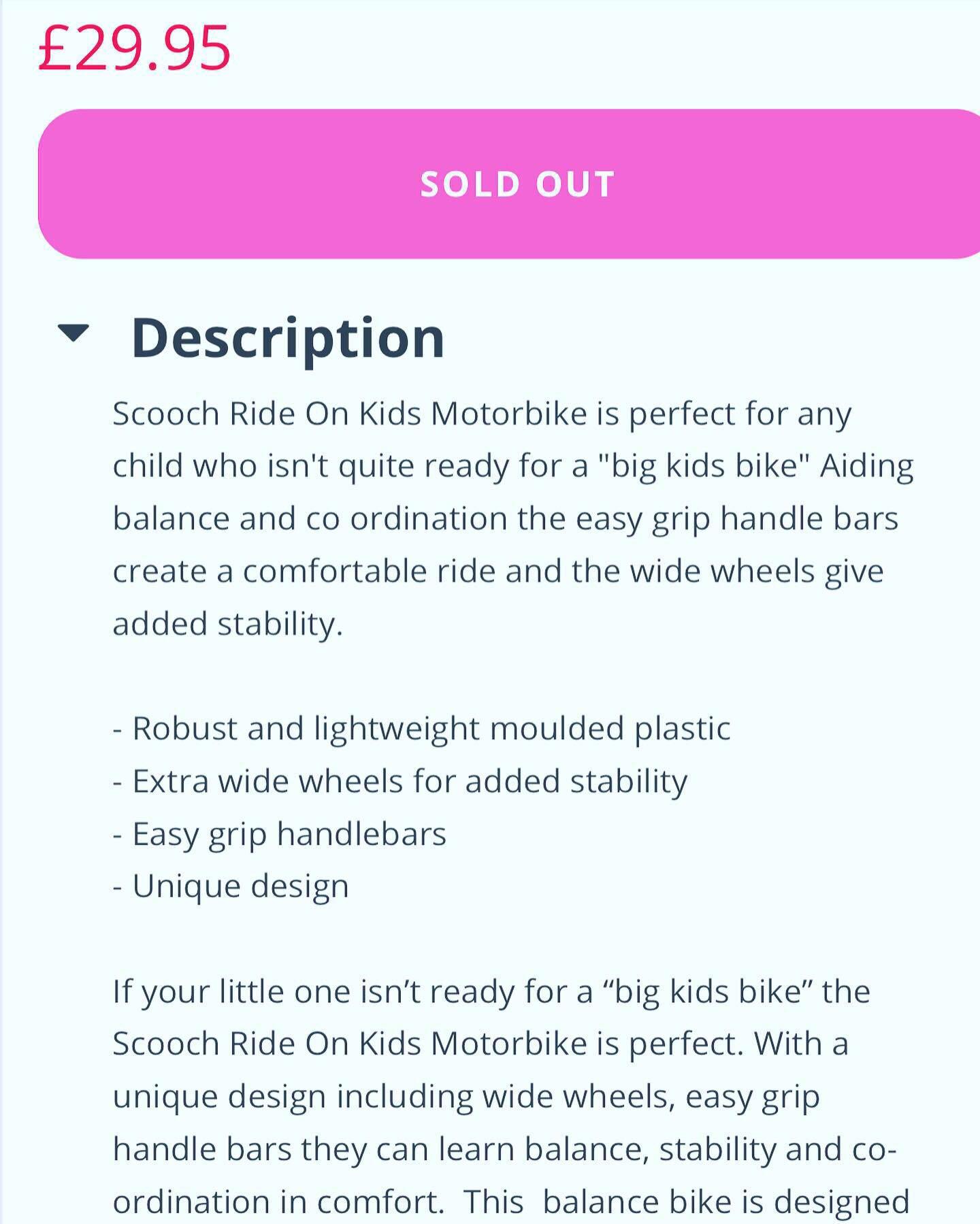 SCOOCH RED RIDE ON MOTORBIKE FOR TODDLERS NO BATTERIES NEEDED