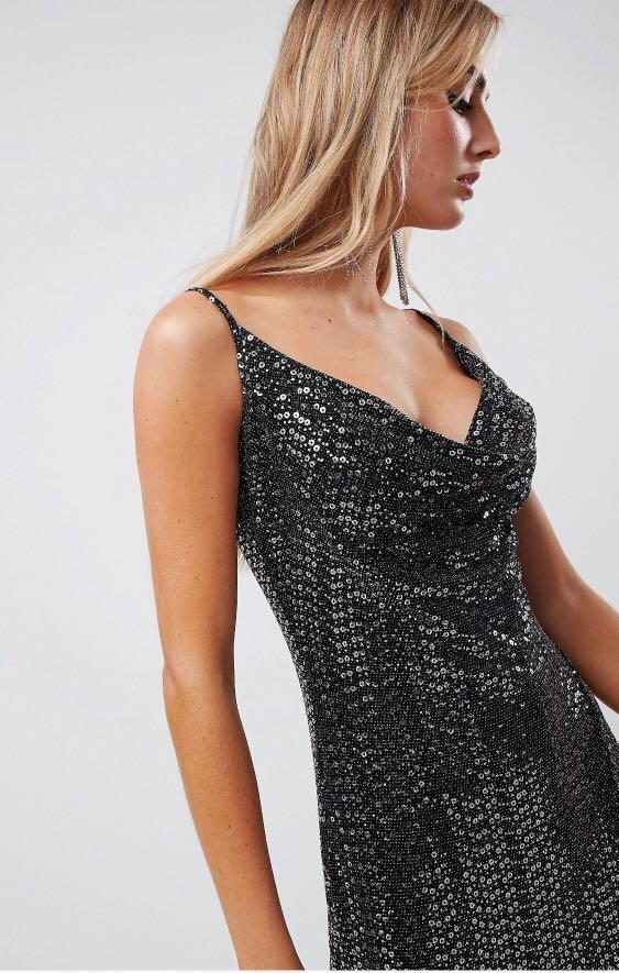 Missguided sequin cowl neck maxi dress with side split in black