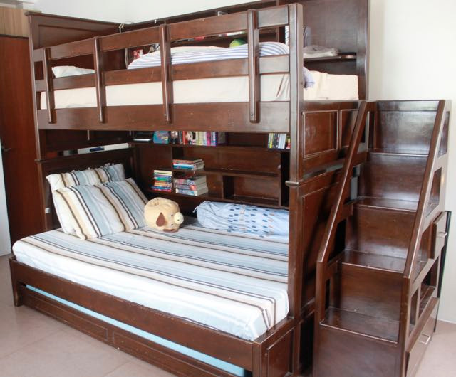 wooden bunk bed with drawers