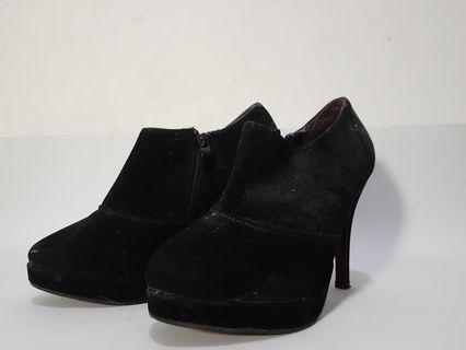 Black velvet low cut boots with 4 inch heels