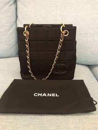 Chanel 黑色 布面 霧金鍊帶 方型包 小豆腐包 vintage 古董包 手提包 肩背包