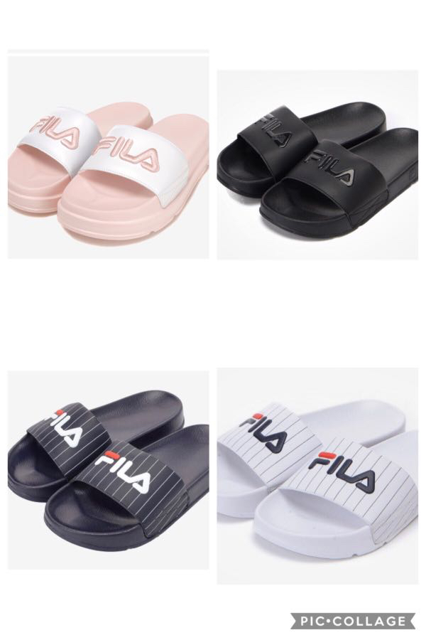 pink and black fila slides