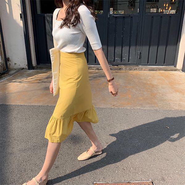 Ready In-stock]Korean Lady Ulzzang Yellow Skirt High Waist A-Line