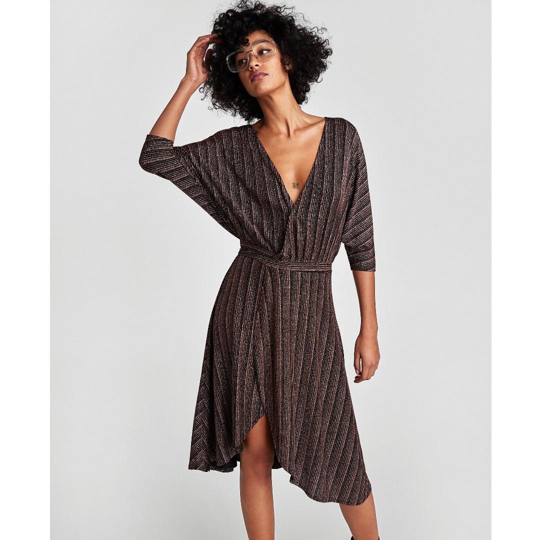 Zara Shimmery Wrap Dress Copper Black