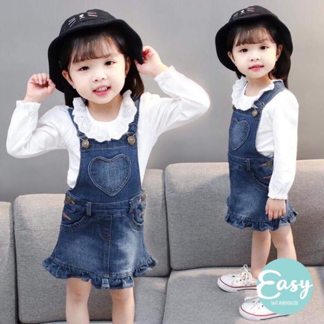 Girls 2pcs Long Sleeve T Shirt Denim Jumpsuit Skirt Set