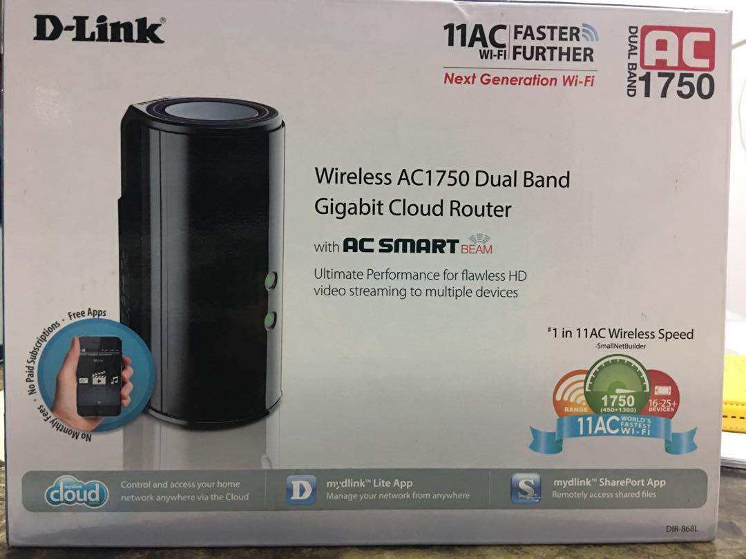 D-Link AC1750 Dual Bang Gigabit Cloud Router (Category: Computer Parts & Accessories) located in Wembley. Submitted by rubberbandunited (Listing ID 231317179, Image 1). Description: DIR-868L AC1750 Dual-Band WI-FI Gigabit Router DATASHEET Stream HD multimedia across your home without interruption using the fastest wired and wireless connectivity options available today Create a personal cloud to effortlessly PC or mobile device The QRS (Quick Rou