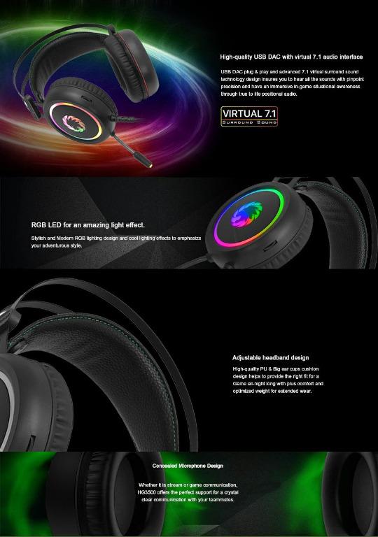 GAMEMAX HG3500 Virtual Surround GAMING Headset Rainbow USB