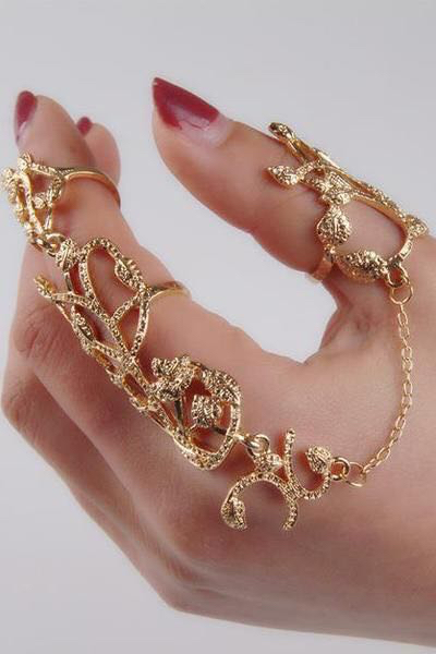 Vintage Women Gold Silver Plated Alloy Chain Two Finger Rings Link Double Rings