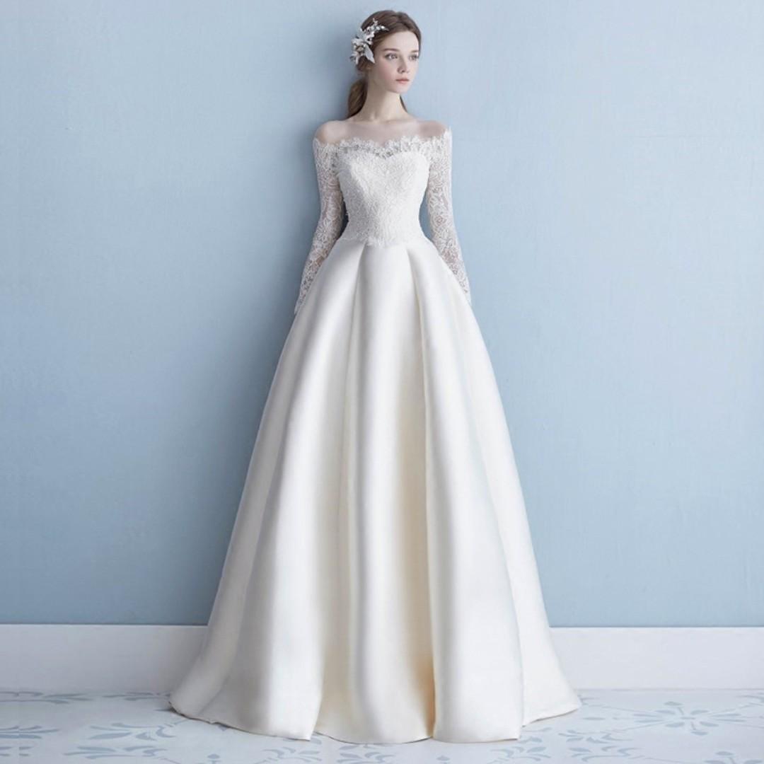 Pre Order White Long Sleeve Off Shoulder Minimalist Wedding Bridal