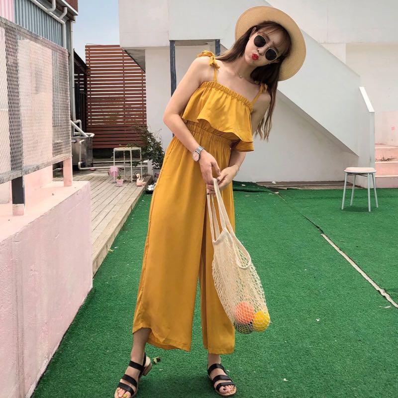 115 2 COLOURS ulzzang mustard yellow black jumpsuit romper long pants chiffon playsuit