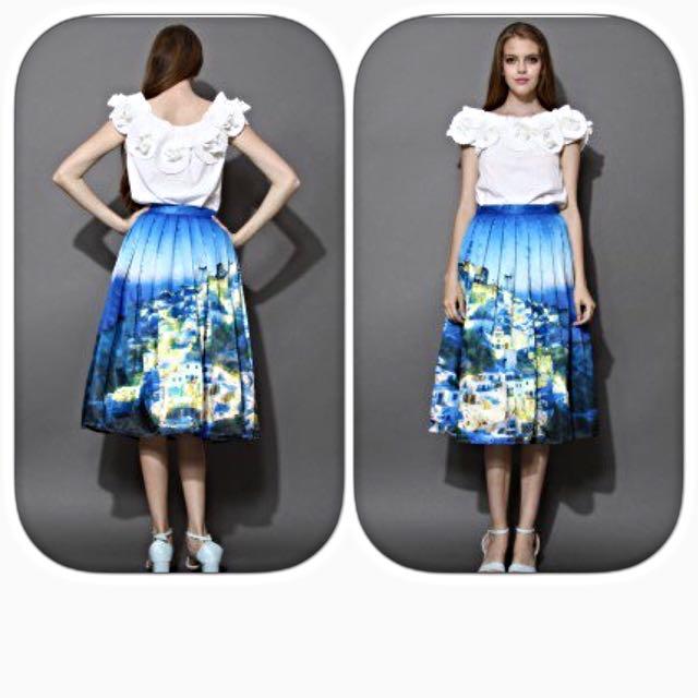 Chicwish Santorini Print Pleated Midi Skirt, Women's Fashion