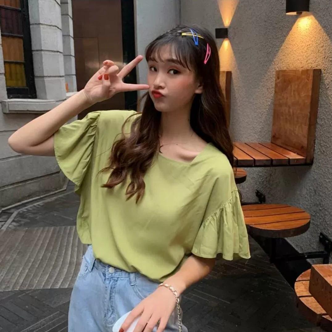 Korean Flutter Sleeve Square Collar Plain Blouse Korea Style