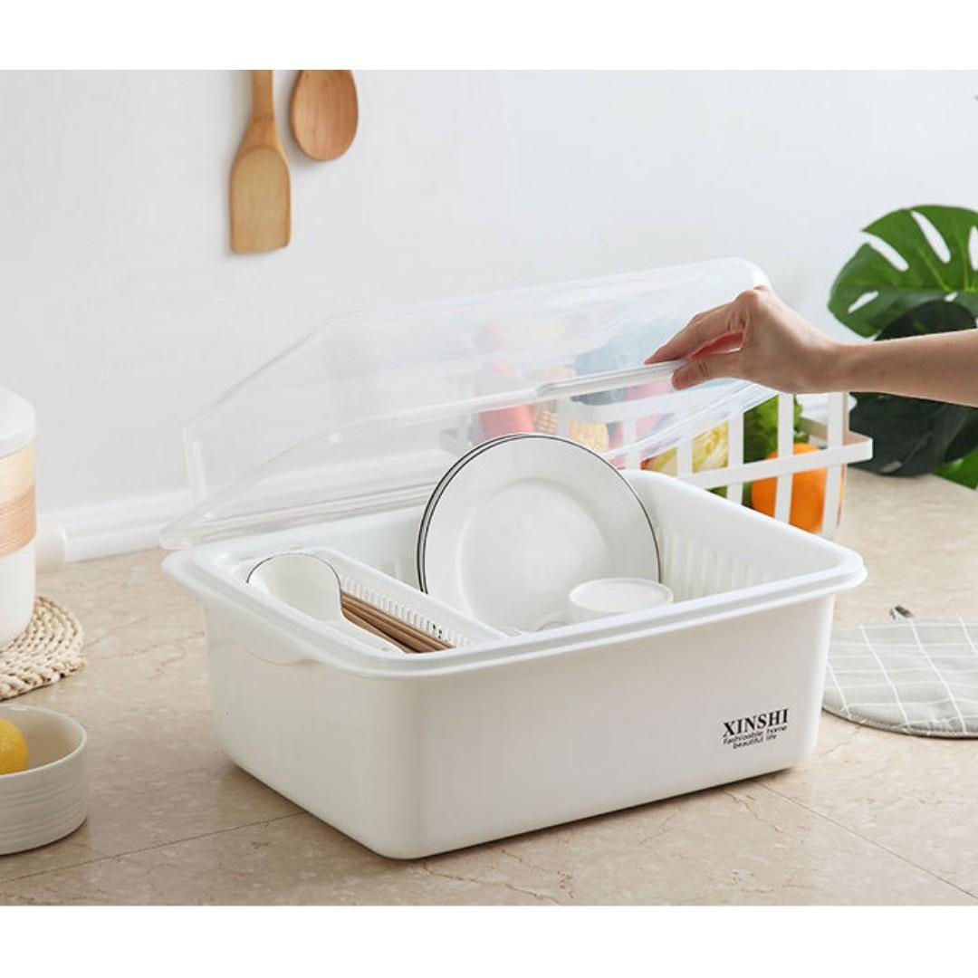 瀝水帶蓋碗筷盒廚房碗筷餐具收納架塑料碗碟架放碗盤子bb奶樽收納盒 0802 傢俬 家居 其他 收納箱及袋 Carousell