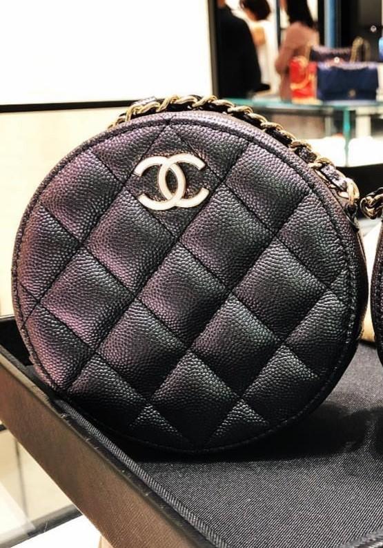 Chanel 19s Iridescent Black Round Sling Bag in Pearl Logo, Luxury