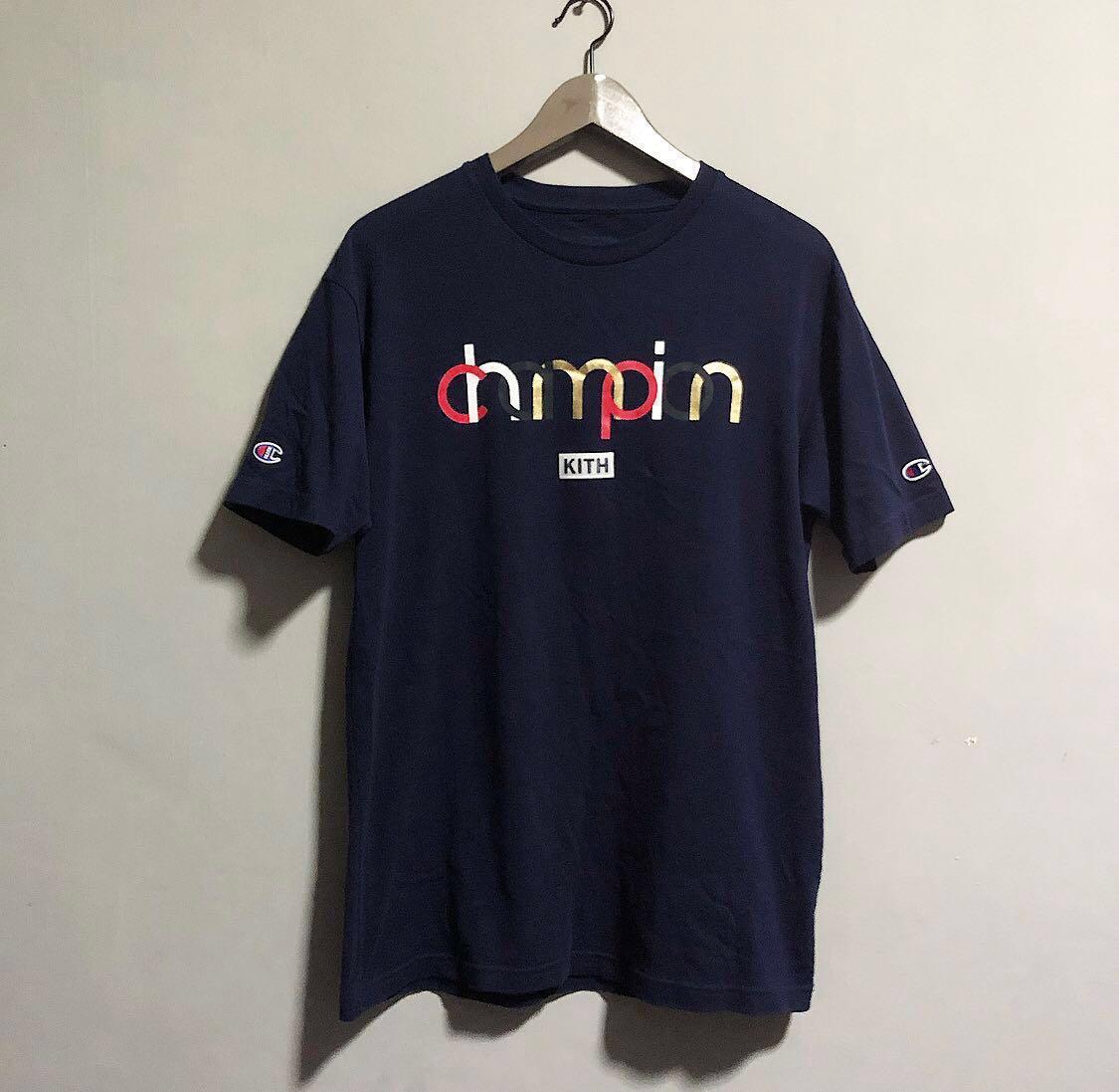 KITH X CHAMPION LOGO NAVY BLUE TEE Men s Fashion Tops Sets