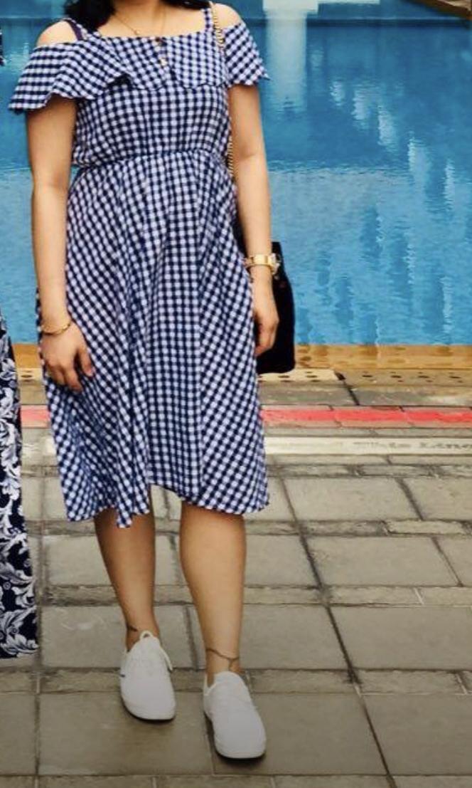 off shoulder checkered dress