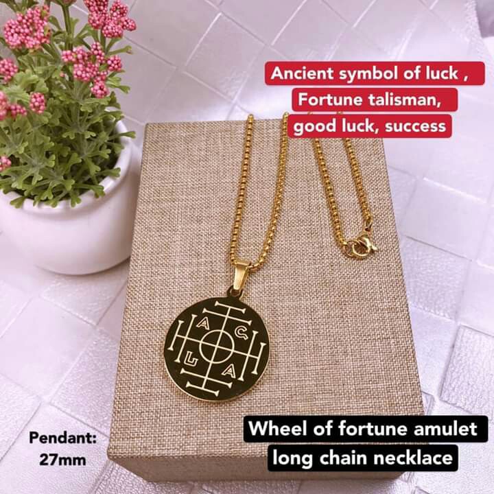 Wheel of fortune amulet long chain necklace