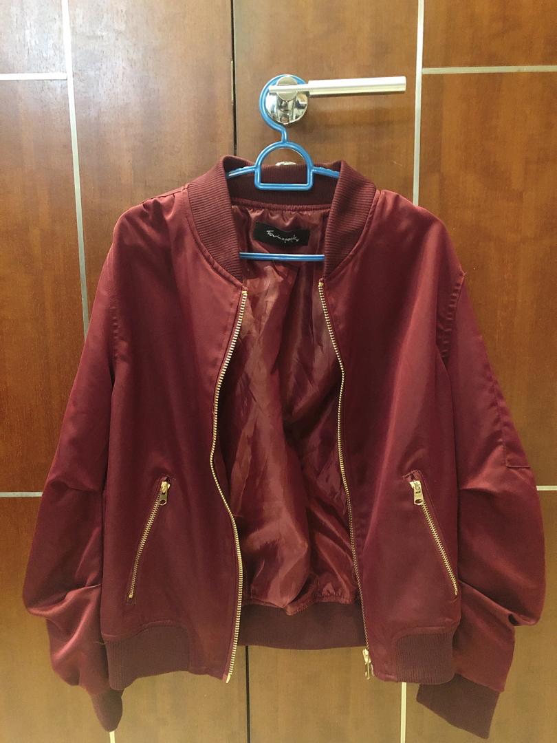 Maroon Burgundy Bomber Jacket with Gold Zipper Women s Fashion