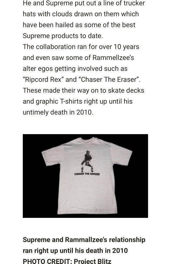 Supreme 2003 Rammellzee Chaser The Eraser T shirt Tee lv, Men's