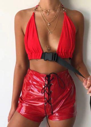 PU red leather tie up mini shorts