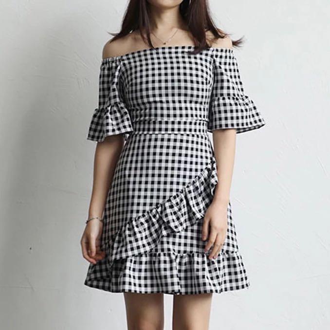 Gingham off the shoulder dress Clearance