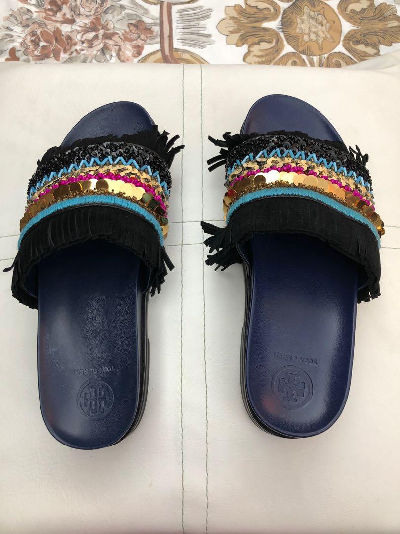 Tory Burch Slides Navy Blue, Women's Fashion, Footwear, Slippers and slides  on Carousell