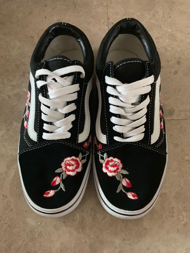 Vans Old Skool Sneakers with flower embroidery, Women's Footwear, Sneakers on Carousell