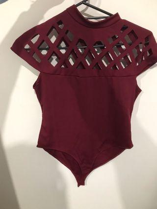 maroon bodysuit top with cut outs