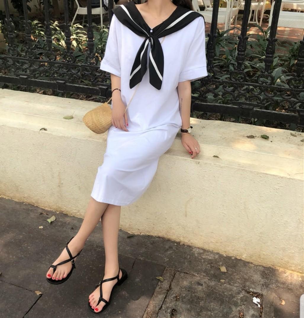 Korean new fashion ulzzang new chic retro vintage temperament summer autumn navy collar long short sleeve long 2019 dress Women s Fashion Tops Sleeveless on Carousell
