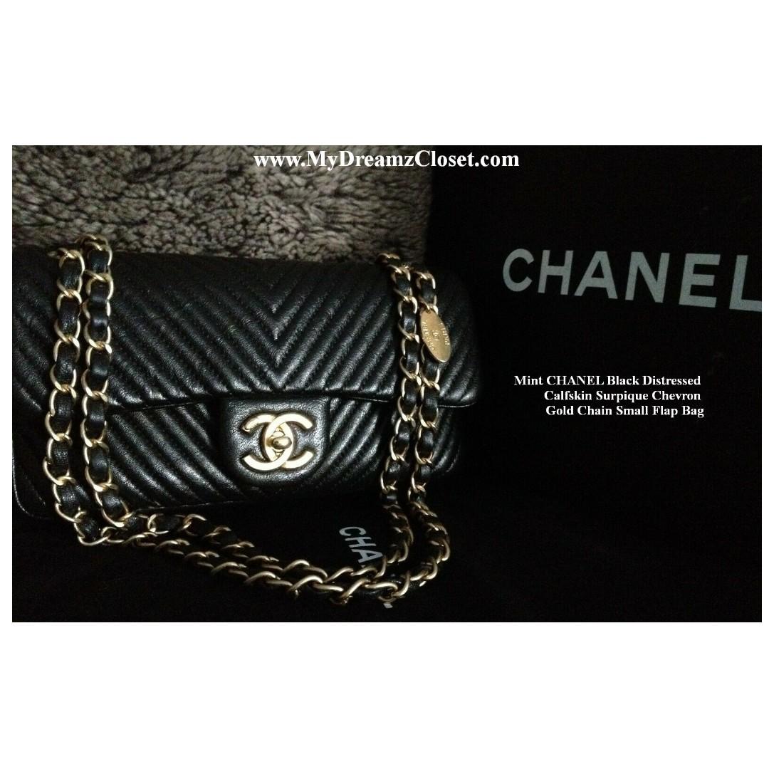 Mint CHANEL Black Distressed Calfskin Surpique Chevron Gold Chain Small Flap  Bag, Women's Fashion, Bags & Wallets on Carousell
